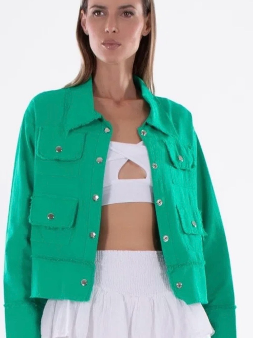 Cropped Emerald Green Utility Jean Jacket